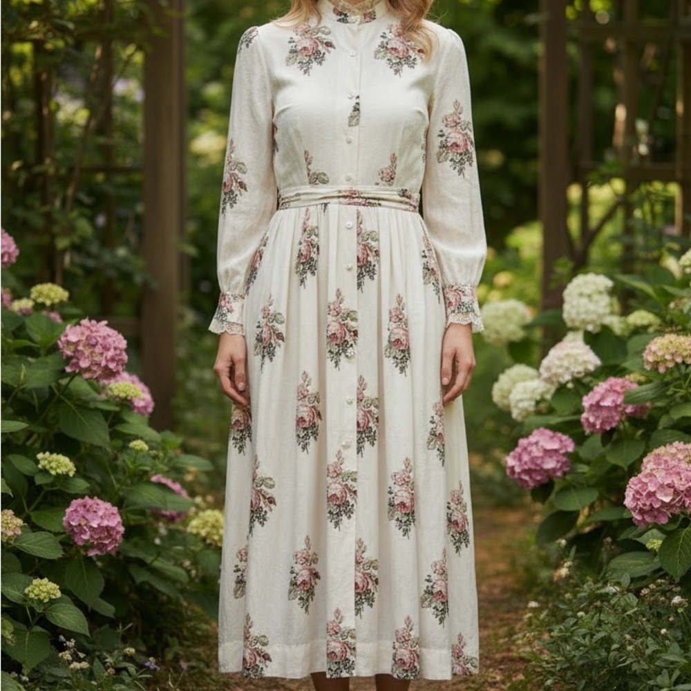 Vintage J.G. Hook High Neck Long Sleeve Dress 4 Maxi Floral Victorian Croquette